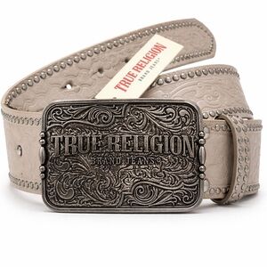 True Religion Studded Western Belt Beige Embossed Large Buckle